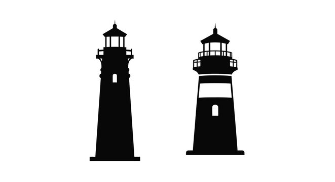 Two lighthouse silhouettes against a white background silhouette high quality