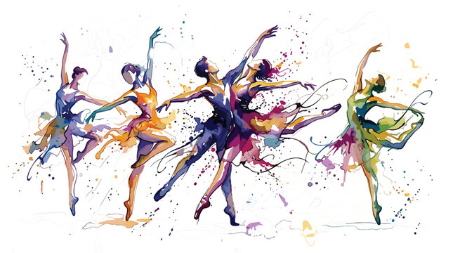 
Vibrant Watercolor Ballet Dancers in Dynamic Poses with Colorful Paint Splashes for Performing Arts, Dance Studio, and Creative Designs

