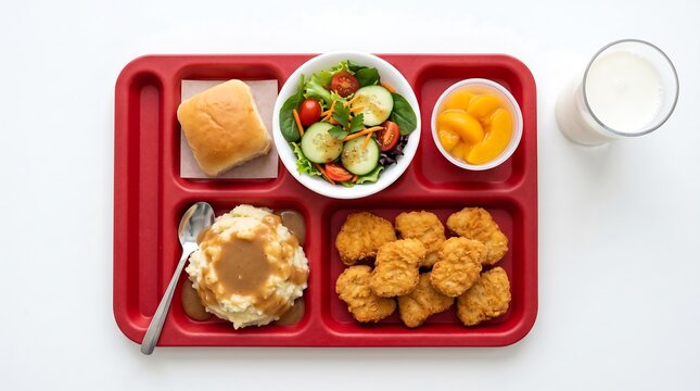 School lunch tray with chicken nuggets, mashed potatoes, salad, and fruit