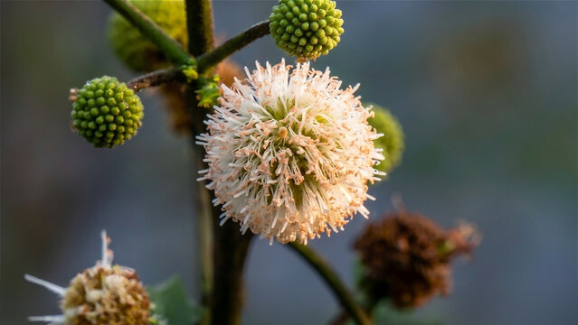close-up macro, lamtoro flower or petai cina (leucaena leucocephala) has white flowers and is round like a ball (pom pom)