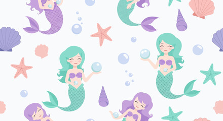 Fototapeta premium cute mermaid seamless pattern with starfish and shells bubbles fantasy ocean background