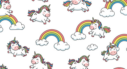 cute seamless unicorn and rainbow pattern with magical clouds on a white background perfect for childrens designs or nursery decor.
