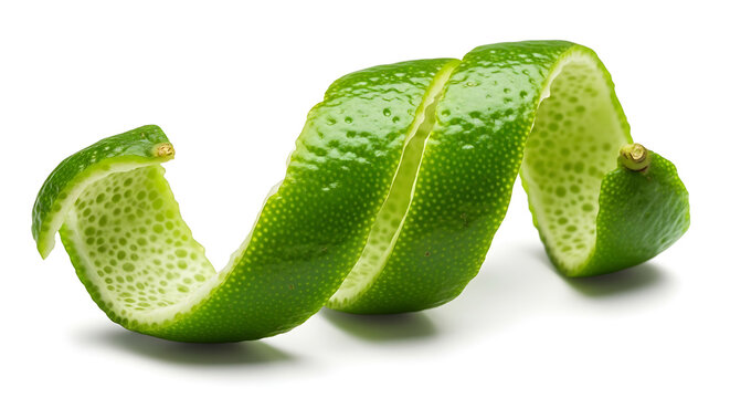 Lime peel curl isolated on white background, vibrant green citrus zest garnish for cocktails and culinary decoration
