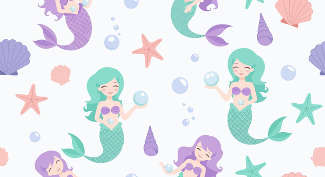 cute mermaid seamless pattern with starfish and shells bubbles fantasy ocean background