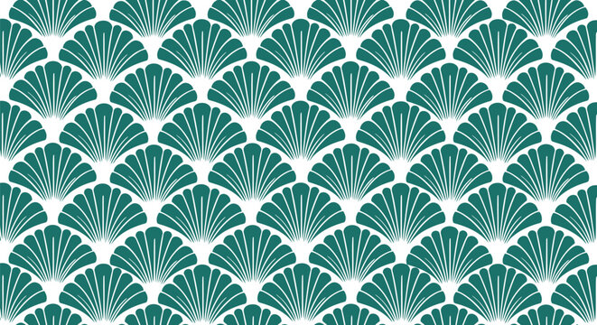 Block Print Vector Seamless Pattern with Teal Japanese Fan Motif for Textile and Wallpaper