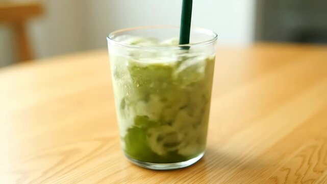 Iced Matcha Latte on Wooden Table - A refreshing iced matcha latte is served in a transparent glass with a green straw, placed on a light wooden table.
