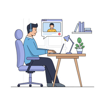 man in headphones working on laptop during a video call from his home office desk perfect for remote work and online education.