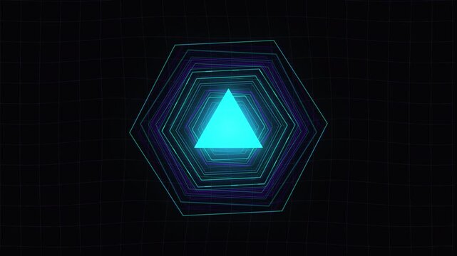 Neon Glowing Triangle Pulsing Through Abstract Geometric Light Tunnel