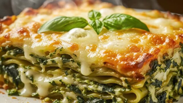 Delicious Spinach Lasagna Verde - This video shows a close-up of a freshly baked Lasagna Verde, featuring layers of green spinach pasta, creamy cheese, and b&eacute;chamel sauce.