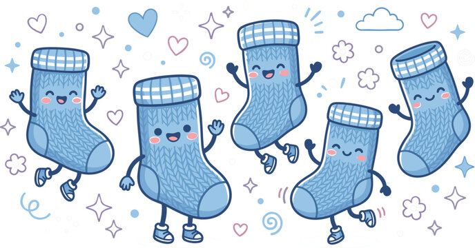 Cute Kawaii Dancing Blue Sock Characters Sticker Set with Hearts, Stars, and Clouds for Fun Winter Fashion Illustration Design