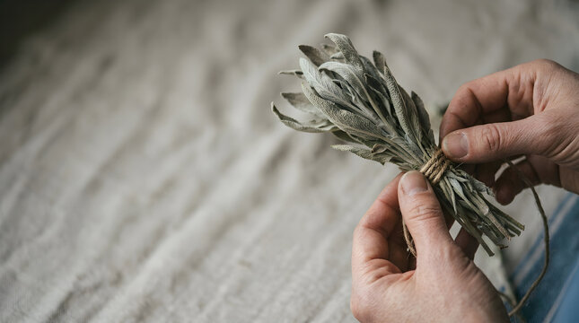 Hands tie bundle dried sage herbs with twine for smudging ritual purification cleansing natural aromatic plant.