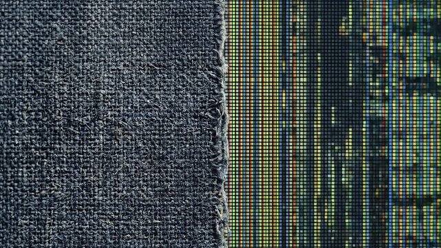 Close up fabric texture colorful pixelated digital screen side by side showing detailed pattern vibrant display textile technology high resolution pixel grid lights contrast