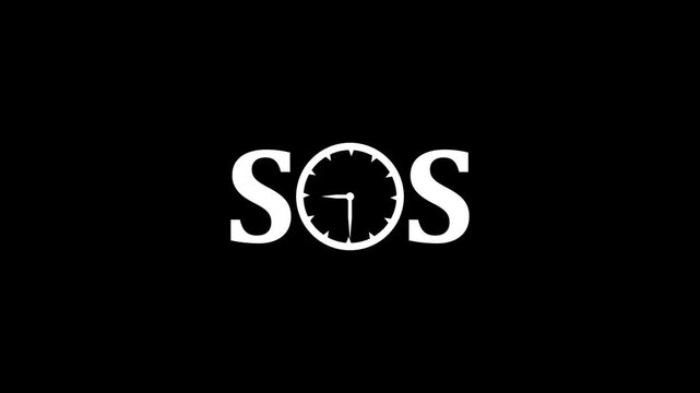 SOS text with clock replacing letter O loop animation on white background representing time emergency concept.4k motion graphics video