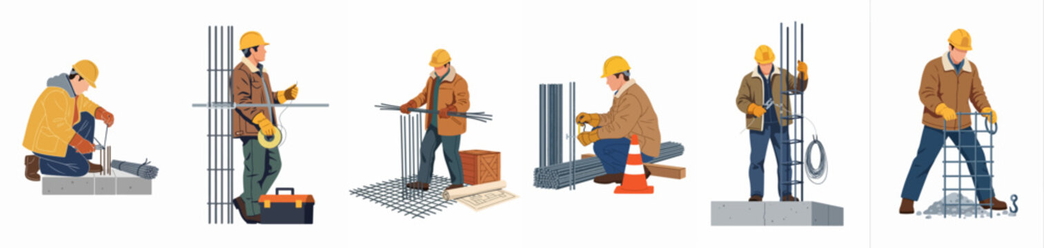 Vector illustration set of professional construction workers working with rebar and steel reinforcement for concrete foundations on a white background.