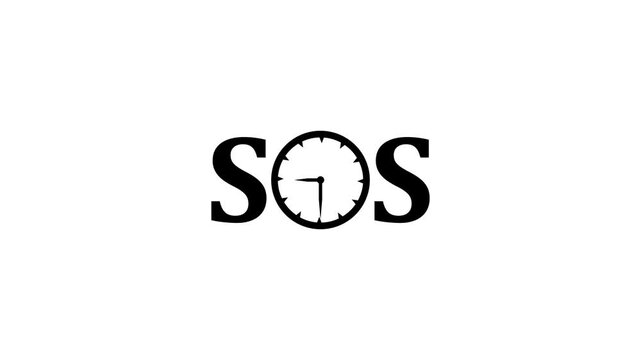 SOS text with clock replacing letter O loop animation on white background representing time emergency concept.4k motion graphics video