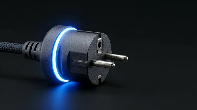 Electric plug with glowing blue LED light ring and braided cable, close up of power connector for electronic device charging, modern black power plug emitting soft light energy concept