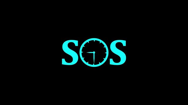 SOS text with clock replacing letter O loop animation on white background representing time emergency concept.4k motion graphics video