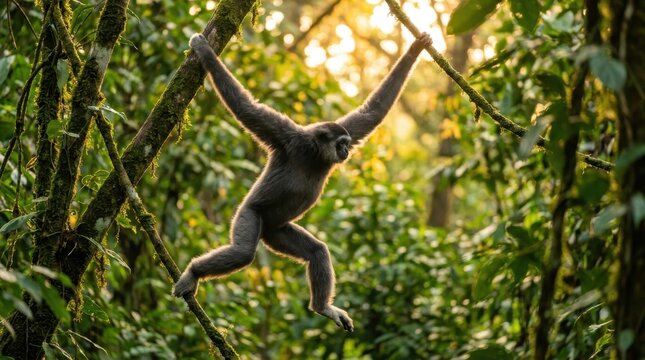 Javan Gibbon Swinging Between High Canopy Branches in Tropical Rainforest at Sunset