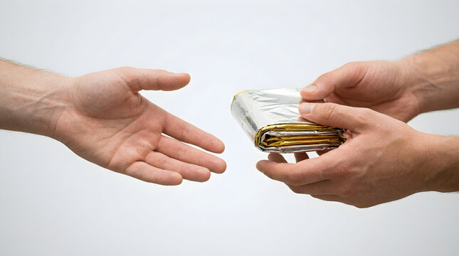Hand offering foil wrapped item to another open hand against white background.