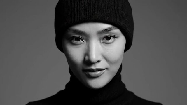 Elegant Monochrome Portrait of a Woman - A striking black and white close-up portrait showcases a woman with a beanie and turtleneck, emphasizing her distinct facial features.