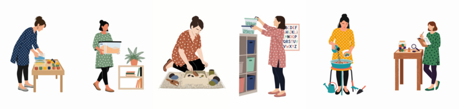 Collection of female teachers and daycare workers organizing educational materials and preparing sensory play activities in a classroom setting, flat vector illustration.