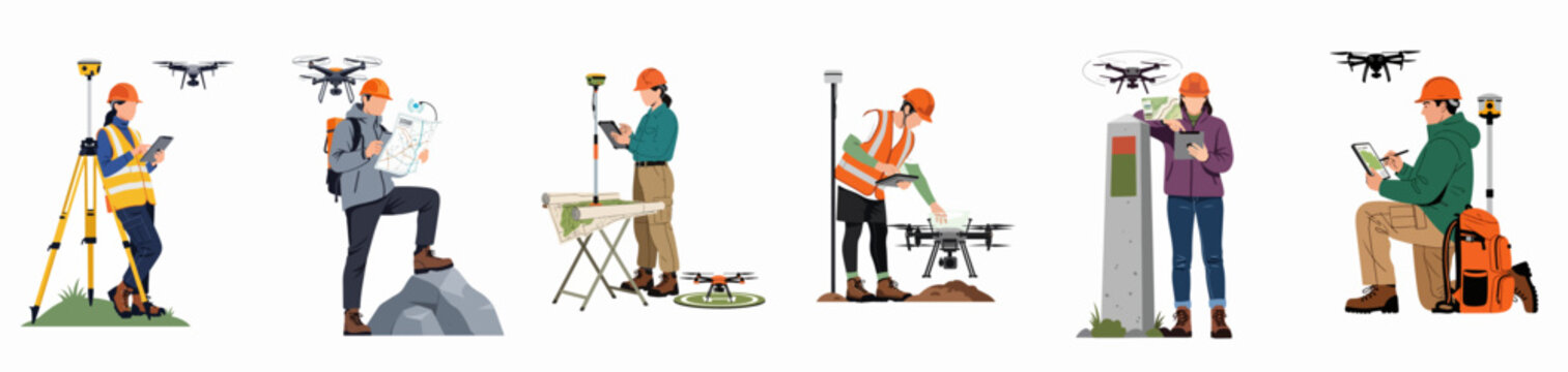 Collection of flat illustrations showing male and female surveyors using drones, GNSS receivers, and tablets for modern land mapping and site inspection.
