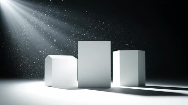 Sunlight Illuminating Abstract White 3D Shapes - Narrow beams of sunlight filter through floating dust particles, casting soft gradient shadows and highlighting a set of minimalist white 3D geometric