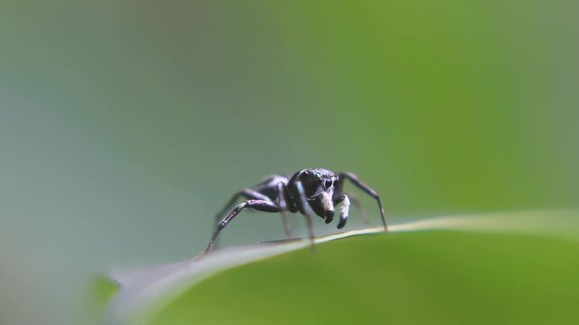 Small jumping spider (Salticidae) hunting tiny insects on leaf surface, showing alert posture and precise predatory behavior in natural habitat.