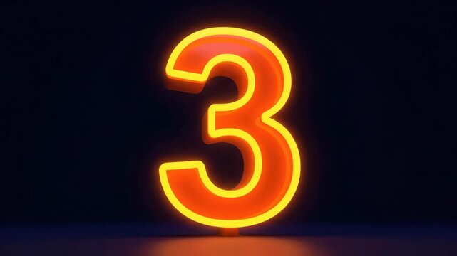 Neon Number Three with Orange-Yellow Glow - The video features the number three in a 3D design with a radiant orange-yellow neon glow against a dark blue backdrop.