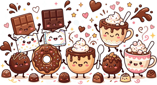 Cute Kawaii Chocolate Characters Sticker Set with Donut, Hot Cocoa, Marshmallow, Candy, and Coffee Cup for Sweet Dessert Design
