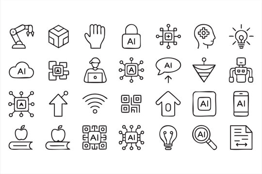 Clean Artificial Intelligence Line Icons for Technology Apps Websites Dashboards and Innovation Graphics
