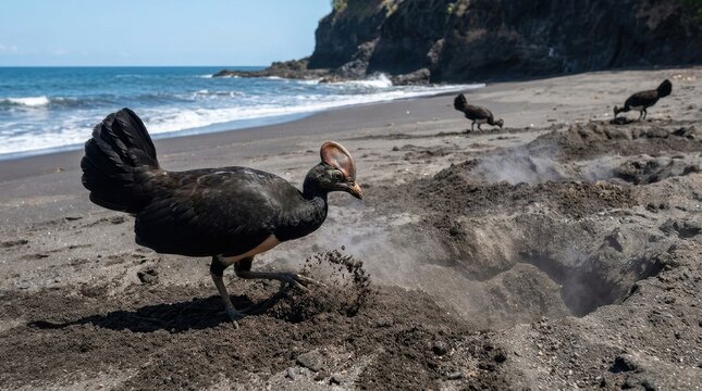 Maleo Bird (Macrocephalon maleo) Digging Nest in Volcanic Black Sand Beach