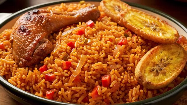 Nigerian Jollof Rice with Chicken and Plantains - A close-up shot of a plate of Nigerian jollof rice, a spicy tomato-infused rice dish mixed with peppers and onions.