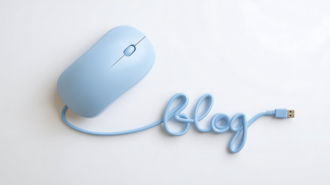 Minimalist light blue computer mouse with its cable forming the word 'blog' on a clean white surface, symbolizing online content creation