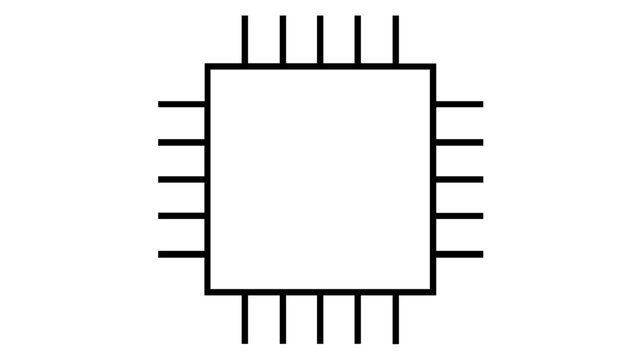 Square black microchip integrated circuit vector icon with silver pins on all sides, depicting advanced semiconductor technology and electronic component design for hardware illustration.