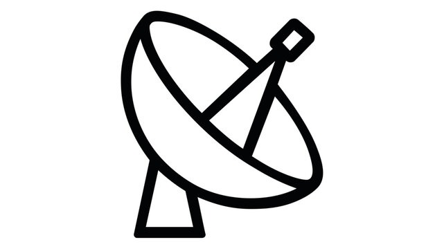Sleek parabolic satellite dish vector icon positioned for advanced telecommunications and long-range signal reception, professional flat minimalist tech hardware illustration on white surface.