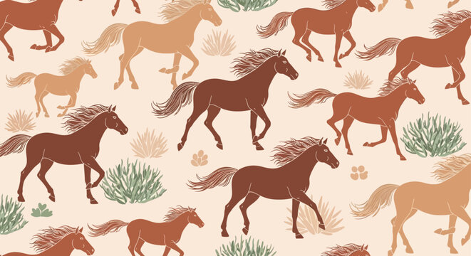 seamless pattern of running horses in warm earthy tones graphic illustration