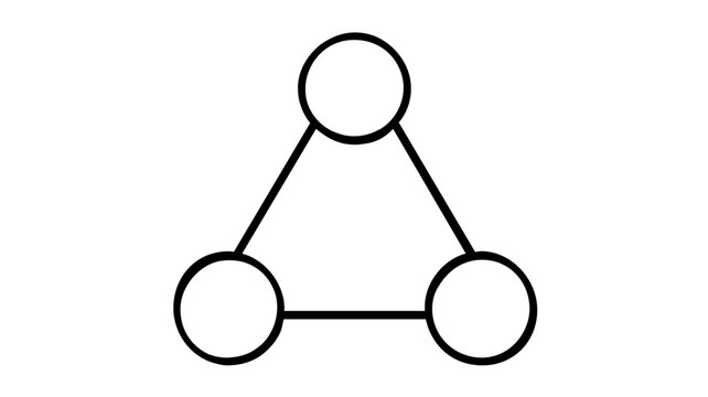 Modern vector icon illustration of a connected network nodes system featuring three glowing spheres linked by lines representing cloud computing web services and data transmission structures.
