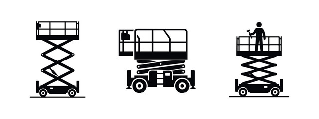Construction lifting equipment icons featuring scissor lift and boom lift aerial work platforms. © Lili