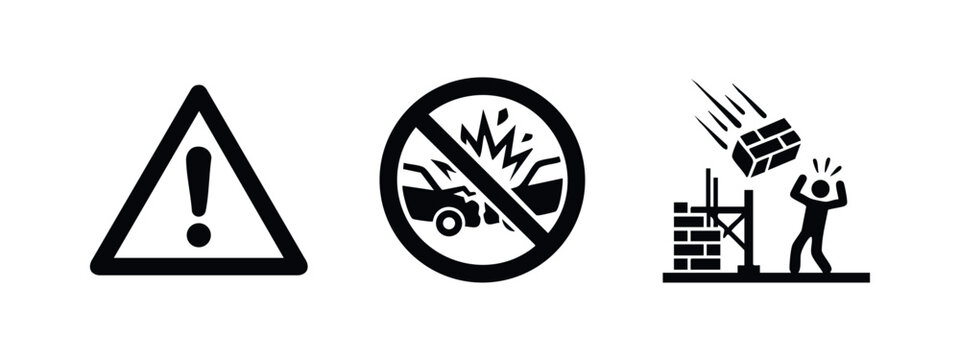 Safety and warning icons depicting hazard triangle, no car accident sign, and falling object hazard.