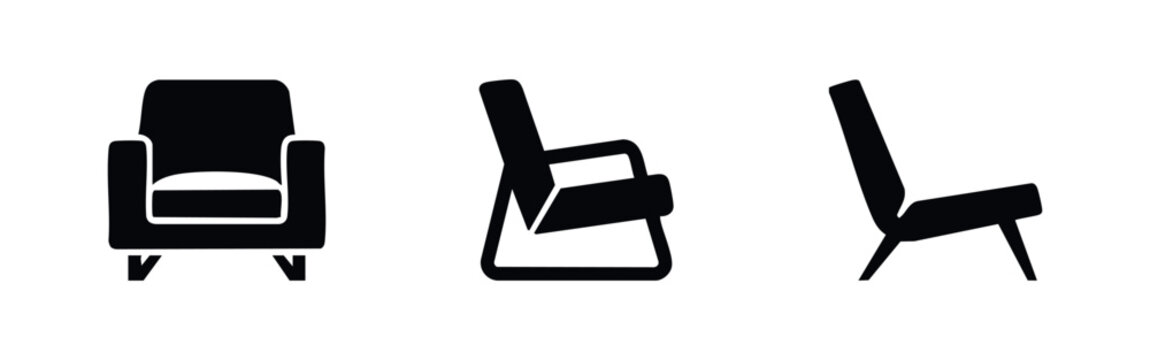 Modern armchair icons showing front view, side view, and lounge chair furniture styles.