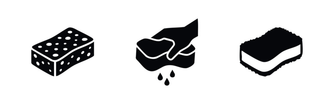 Cleaning sponge icons featuring different textures and a hand squeezing out water drops.