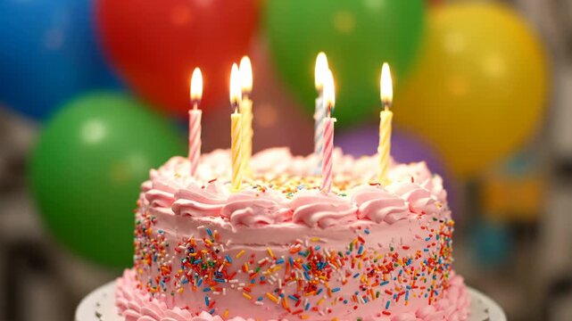 Pink Birthday Cake with Candles and Balloons - A festive pink birthday cake is adorned with colorful sprinkles and five burning candles.