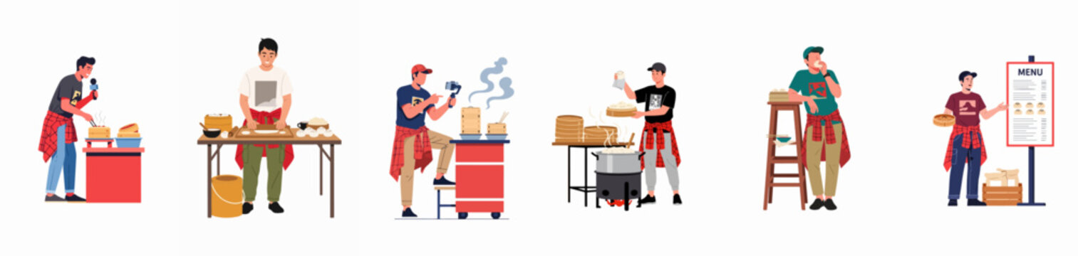 Set of flat vector illustrations depicting various scenes of men preparing, filming, selling, and eating traditional Asian steamed buns in a street food setting.