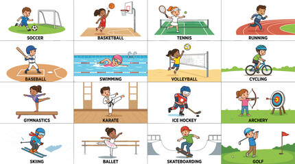 Diverse Kids Sports Activity Vector Set Featuring Soccer Basketball Tennis Swimming Gymnastics Karate Ice Hockey Archery Cycling and Ballet for Childrens Educational MaterialsDiverse  © MdMonirul