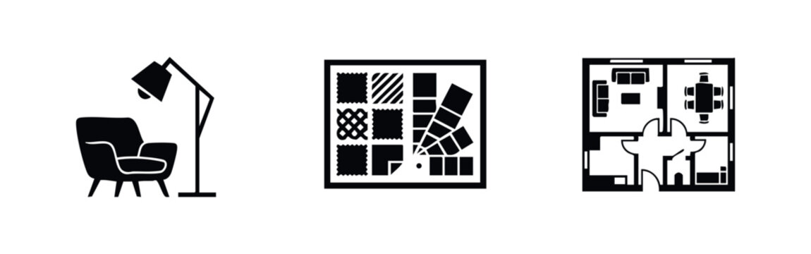 Interior Design Icons with Furniture, Floor Plan, and Color Samples