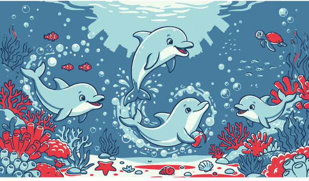 Cute Dolphins Underwater Cartoon Ocean Vector Illustration