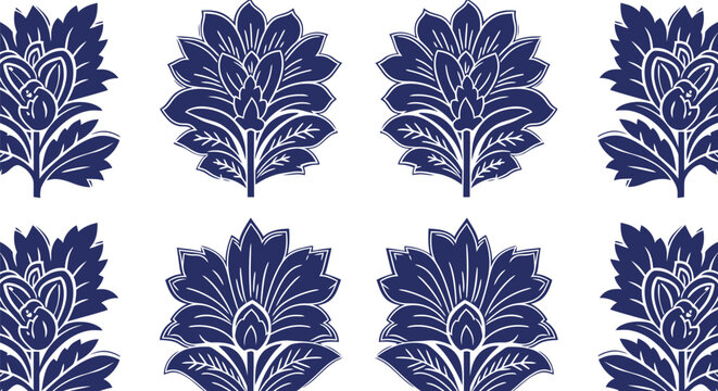 Blue Floral Block Print Vector Seamless Pattern for Textile and Wallpaper Design