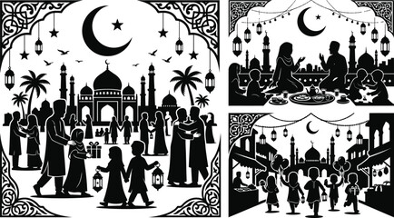 ramadan silhouette illustration with crescent moon and festive scene © MD SADMAN HOSSAIN