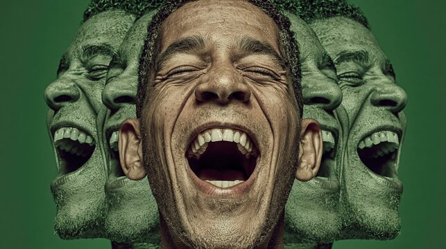 Conceptual Portrait of a Man Laughing with Multiple Repeating Faces on a Green Studio Background